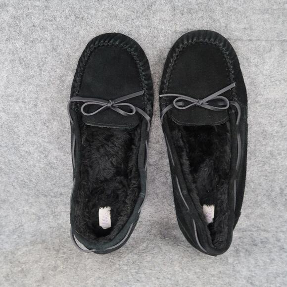 Stars Above Shoes Womens 10 Slipper Moccasin Loafer Slip On Suede Black Faux Fur - Picture 6 of 12